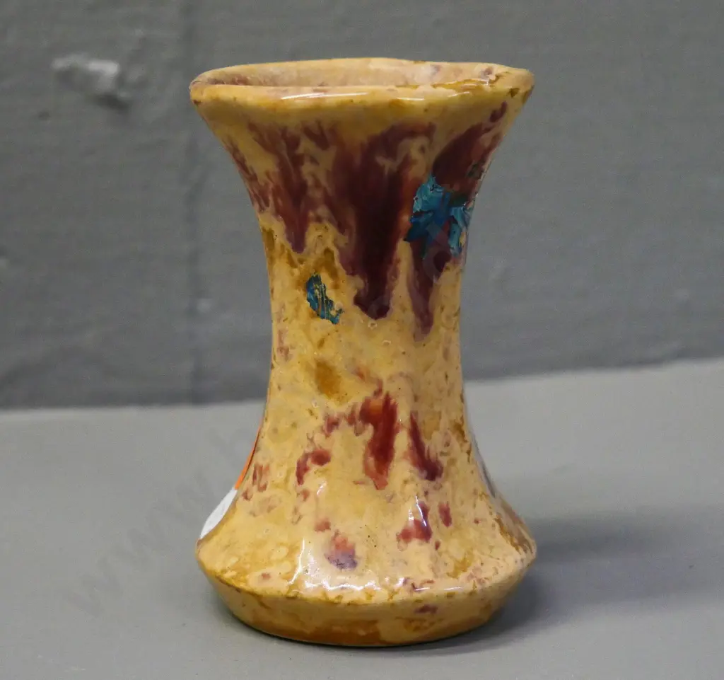 early Crown Lynn trickle glaze small urn vase No. 19, circa 1940s, damage to painted floral decoration H-90 Image 1++