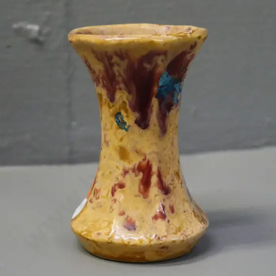 early Crown Lynn trickle glaze small urn vase No. 19, circa 1940s, damage to painted floral decoration H-90