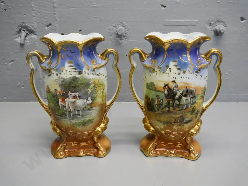 vintage pair of English hand-painted vases - rural cows and horses scenes - bases marked no 539 H-210 Image 1++