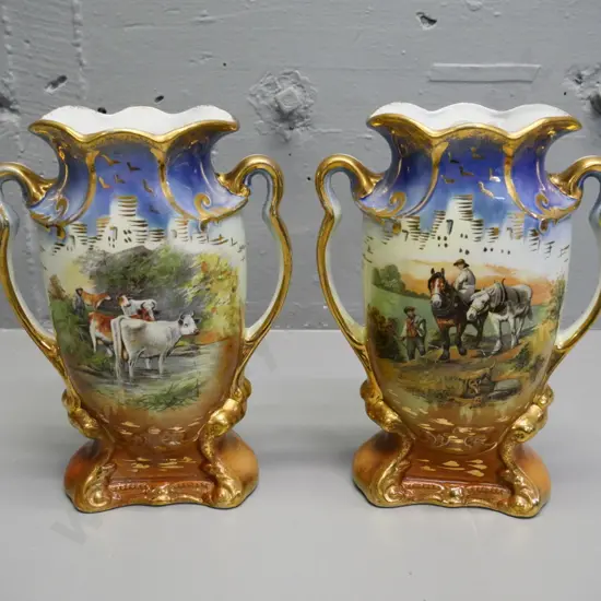 vintage pair of English hand-painted vases - rural cows and horses scenes - bases marked no 539 H-210