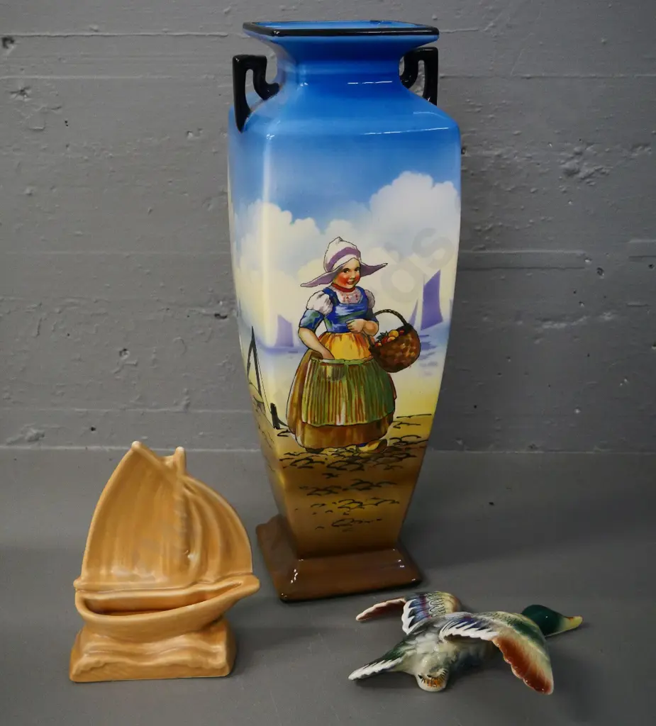 large Dutch theme Falconware handled vase H-365, a Sylvac yacht vase and unmarked flying wall duck Image 1++