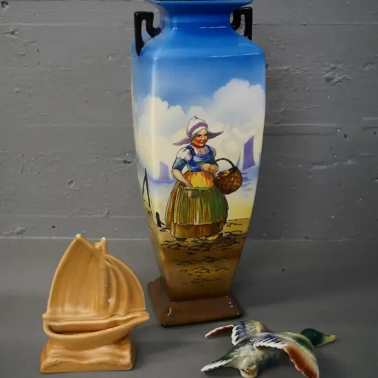 large Dutch theme Falconware handled vase H-365, a Sylvac yacht vase and unmarked flying wall duck