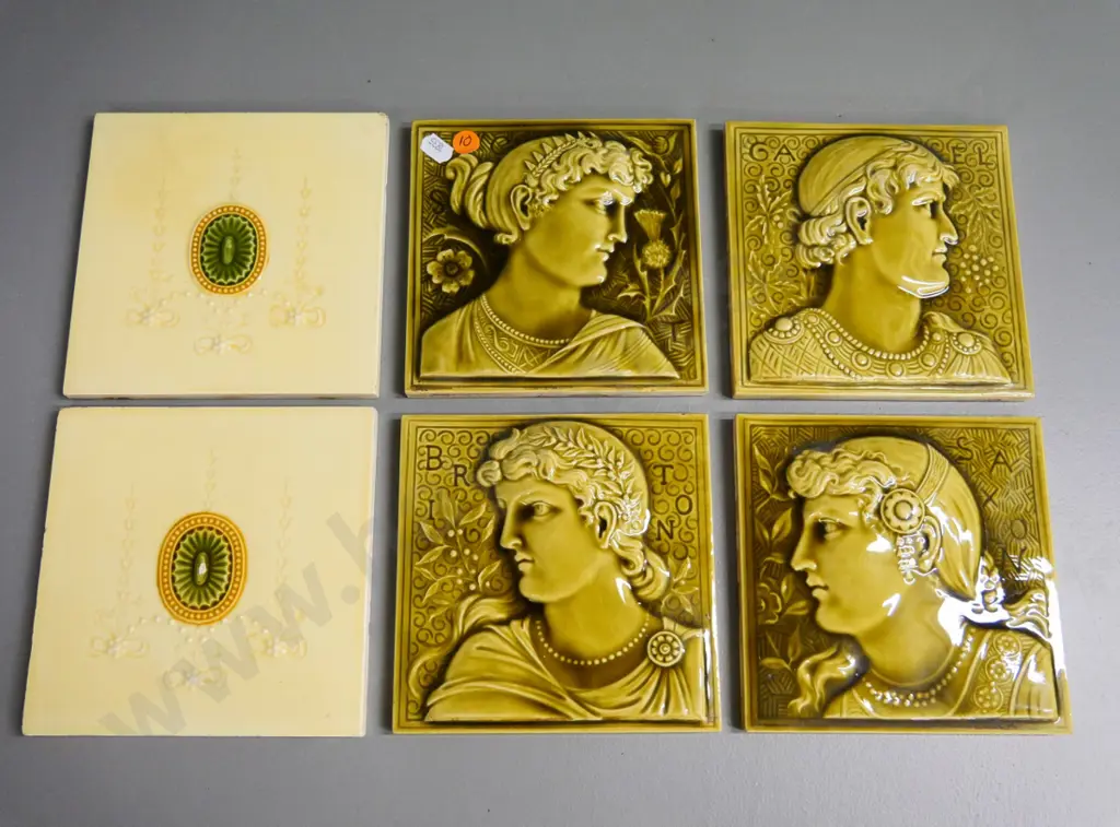 6 Minton ceramic tiles: 4 bas-relief profiles 150x150 and 2 lozenge design (one has chip to centre) 155x155 Image 1++