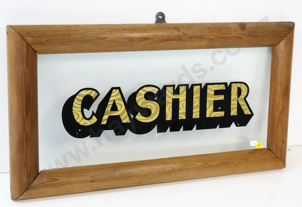 "Cashier" sign - black and gold on clear glass, no backing, in wooden frame H-310 W-570 Image 1++