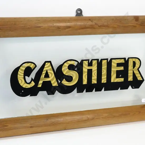 "Cashier" sign - black and gold on clear glass, no backing, in wooden frame H-310 W-570