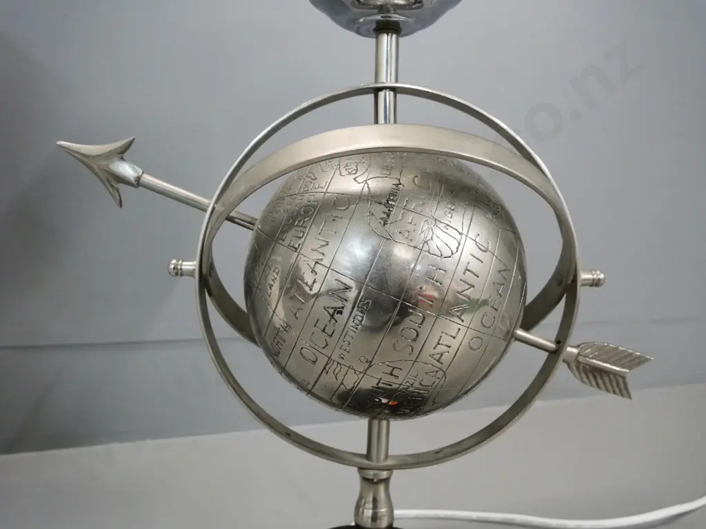 world globe themed metal and wood based table lamp with milk glass ball shade H-530 W-340 Image 1++