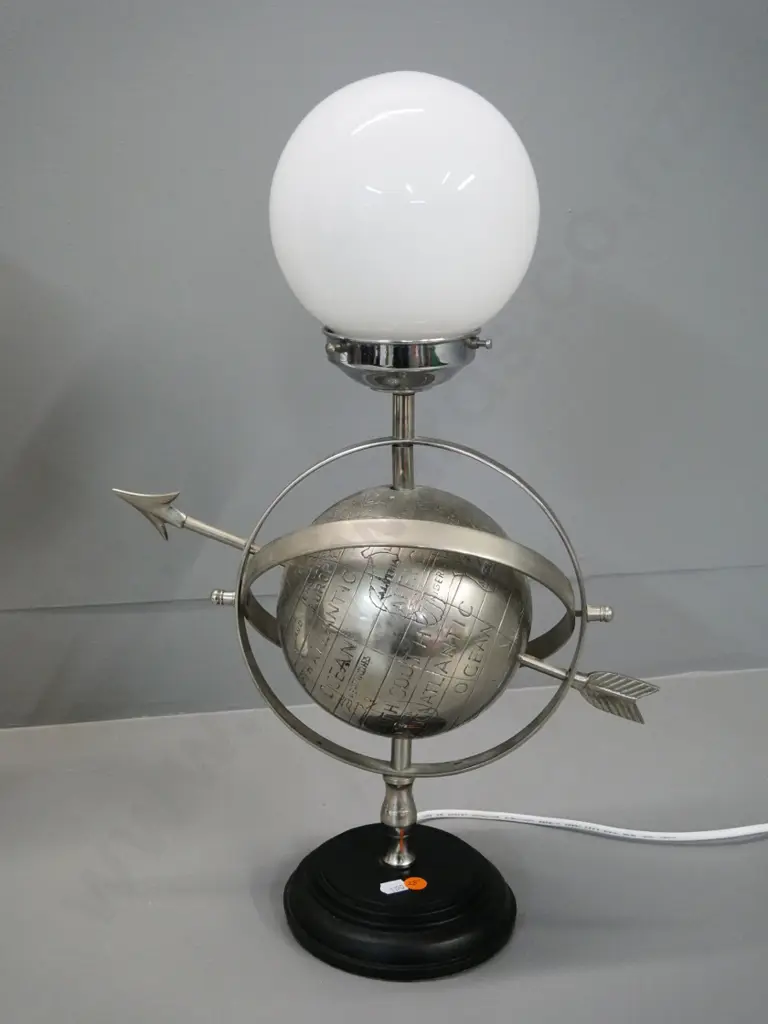 world globe themed metal and wood based table lamp with milk glass ball shade H-530 W-340 Image 1++