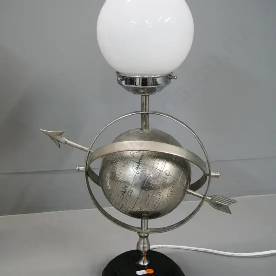 world globe themed metal and wood based table lamp with milk glass ball shade H-530 W-340