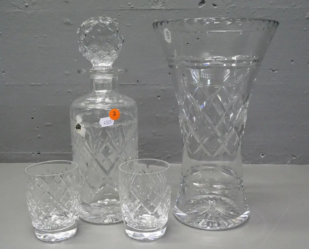 cut crystal items - Webb-Corbett stoppered decanter and 2 tumblers and a large vase, may be Webb-Corbett H-260 Image 1++