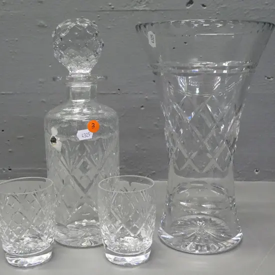 cut crystal items - Webb-Corbett stoppered decanter and 2 tumblers and a large vase, may be Webb-Corbett H-260