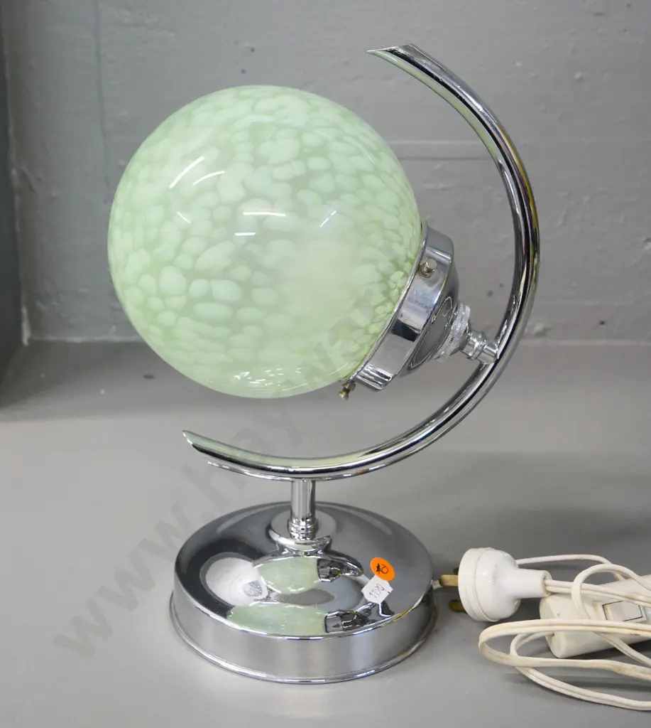 art deco chrome metal table lamp with cream and green mottled glass globe shade H-310 Image 1++