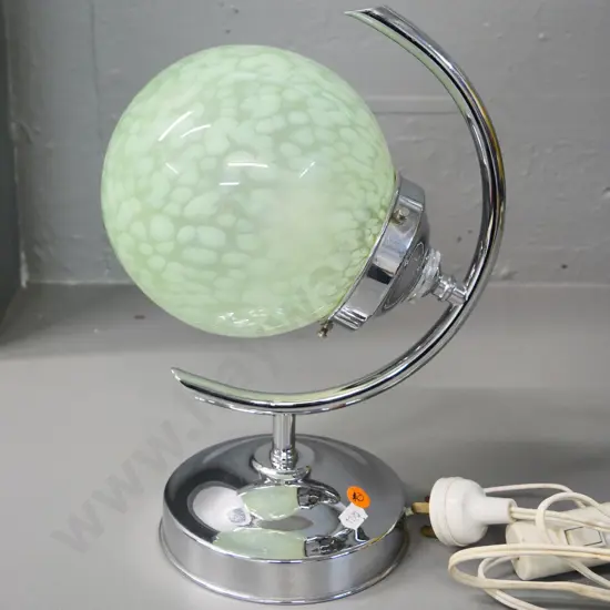art deco chrome metal table lamp with cream and green mottled glass globe shade H-310