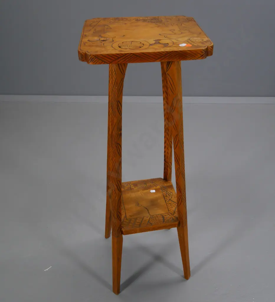 carved timber indoor plant stand with oriental motifs - legs slightly bowed H-900 Top is 300x300 Image 1++