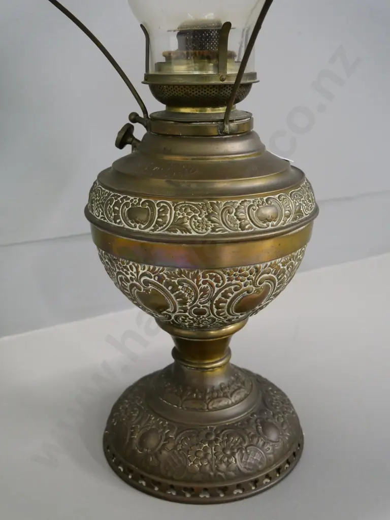 cast-metal based kerosene lamp with milk-glass shade and chimney - chip to rim of shade H-540 Image 1++