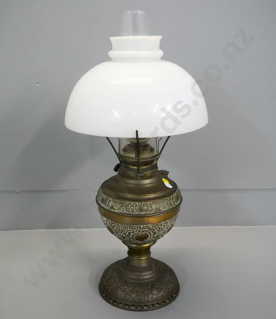 cast-metal based kerosene lamp with milk-glass shade and chimney - chip to rim of shade H-540 Image 1++