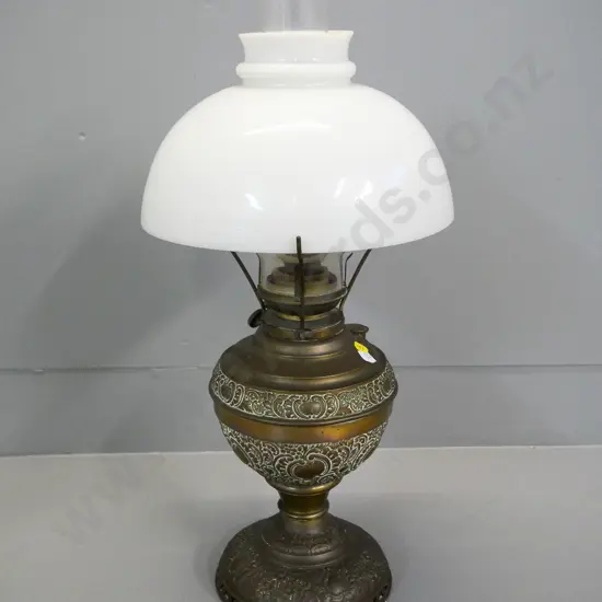 cast-metal based kerosene lamp with milk-glass shade and chimney - chip to rim of shade H-540