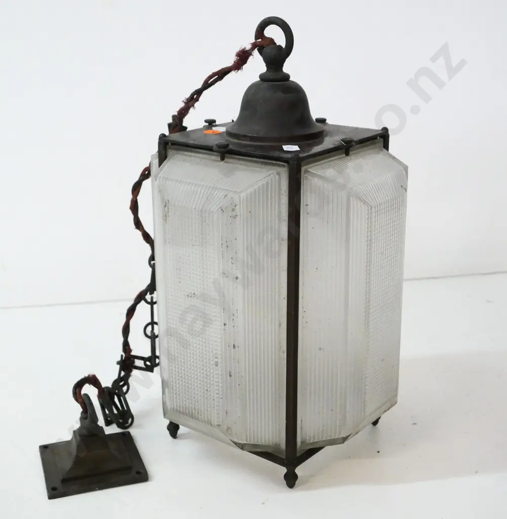 vintage deco light fitting with stepped glass panels and copper-finish fittings H-360 to top of journal W-200 D-200 Image 1++