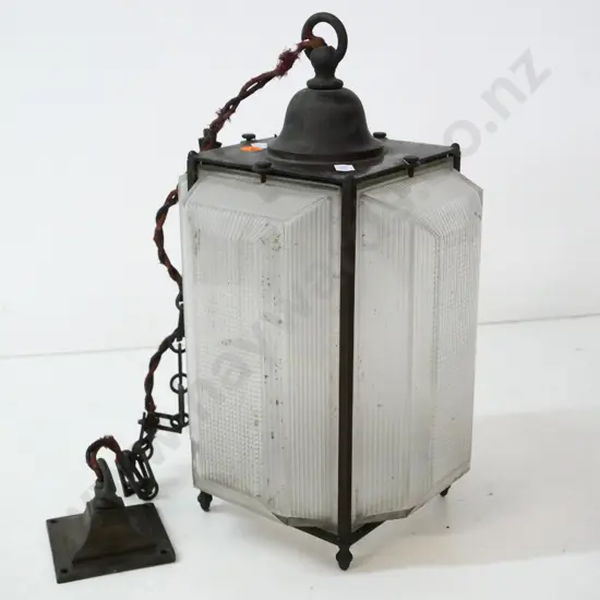 vintage deco light fitting with stepped glass panels and copper-finish fittings H-360 to top of journal W-200 D-200