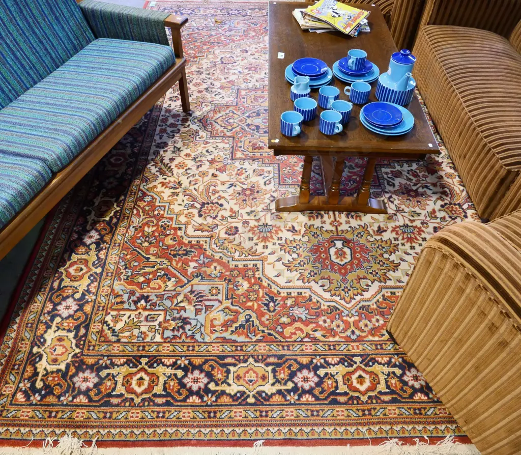 large Belgian wool Persian style floor rug - red, cream & blues. L-3300 W-2500 Image 1++