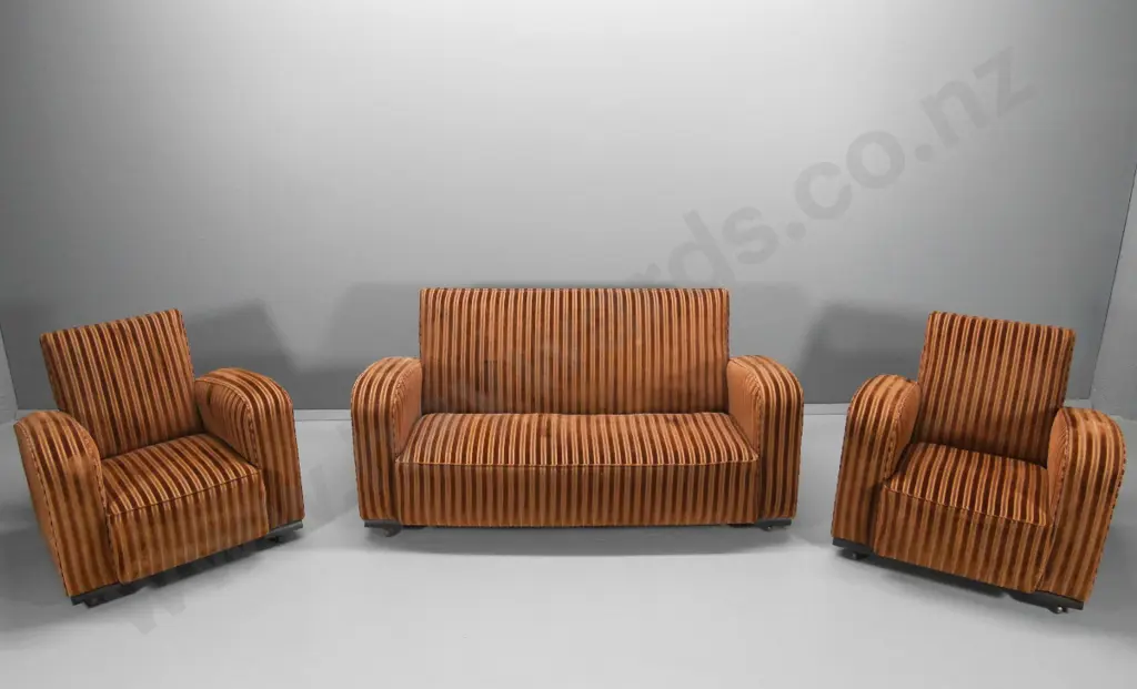 deco 3-piece lounge suite with chesterfield and 2 armchairs - coil spring seats, ribbed velvet, casters H770 W1850 D700 Image 1++