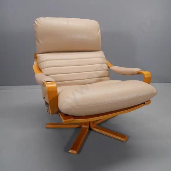 Tessa Scandinavian style leather & laminated timber swivel lounge chair H-900 W-750 D-830