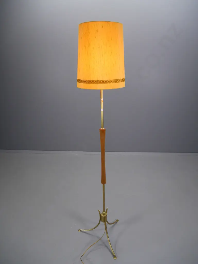 mid-century standard lamp with timber and anodised gold finish metal tripod base, yellow shade H-1660 D-310 Image 1++