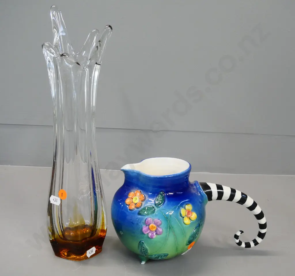 Marion Mewburn ceramic jug with striped handle and an amber  to clear art glass vase H-350 Image 1++