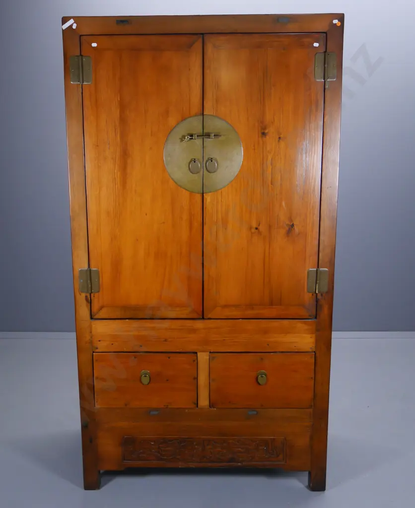 Chinese solid elm 2-door wedding cabinet with brass hardware, 2 drawers, 2 inner drawers H1920 W1030 D650 Image 1++