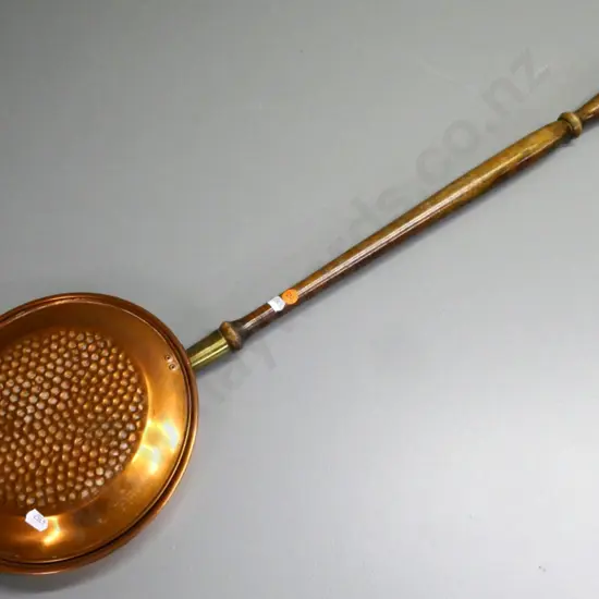 copper bed warmer - handle loose due to missing rivet, dent to pan L850