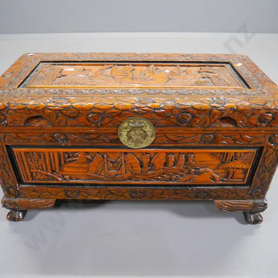 Chinese hand-carved camphorwood chest with brass catch H-380 W-690 D-340