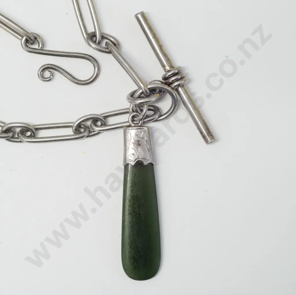 silver fob chain with greenstone pendant no markings Image 1++