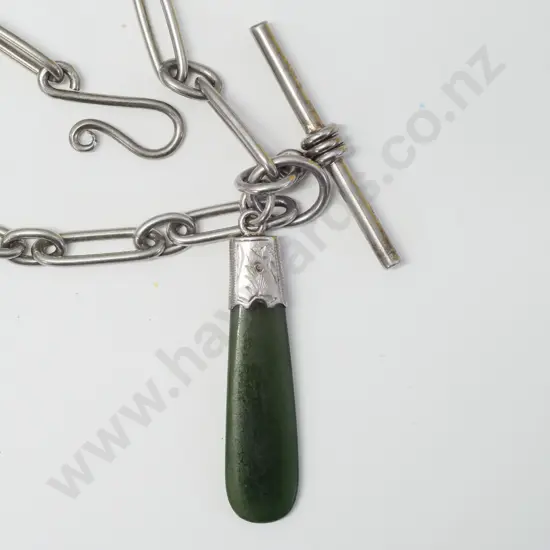silver fob chain with greenstone pendant no markings