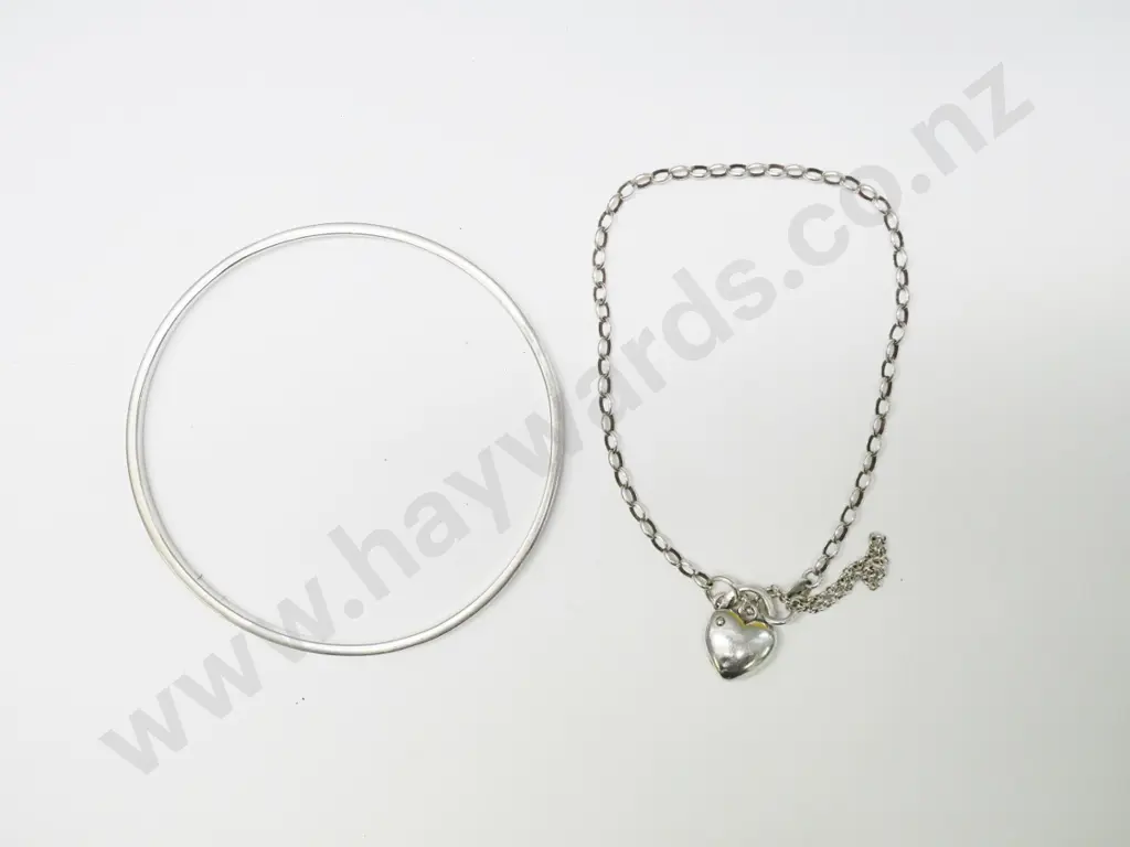 silver bracelet with heart lock stamped 925 Italy & a silver bangle stamped Image 1++