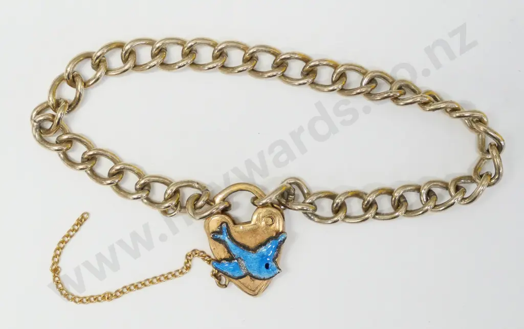 child bracelet with heart & blue dove safety chain broken stamped 9ctD Rodd Image 1++