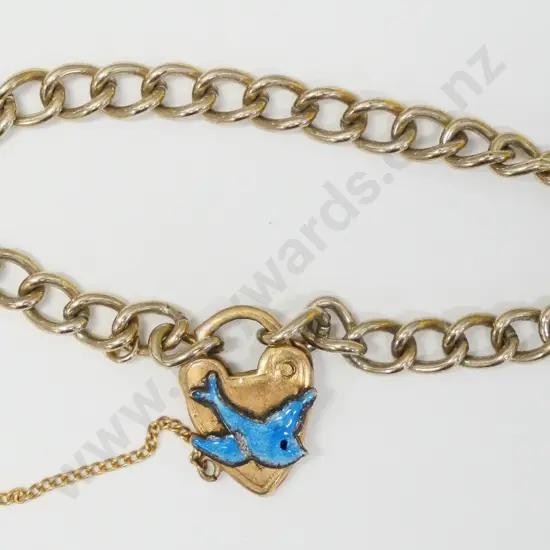 child bracelet with heart & blue dove safety chain broken stamped 9ctD Rodd