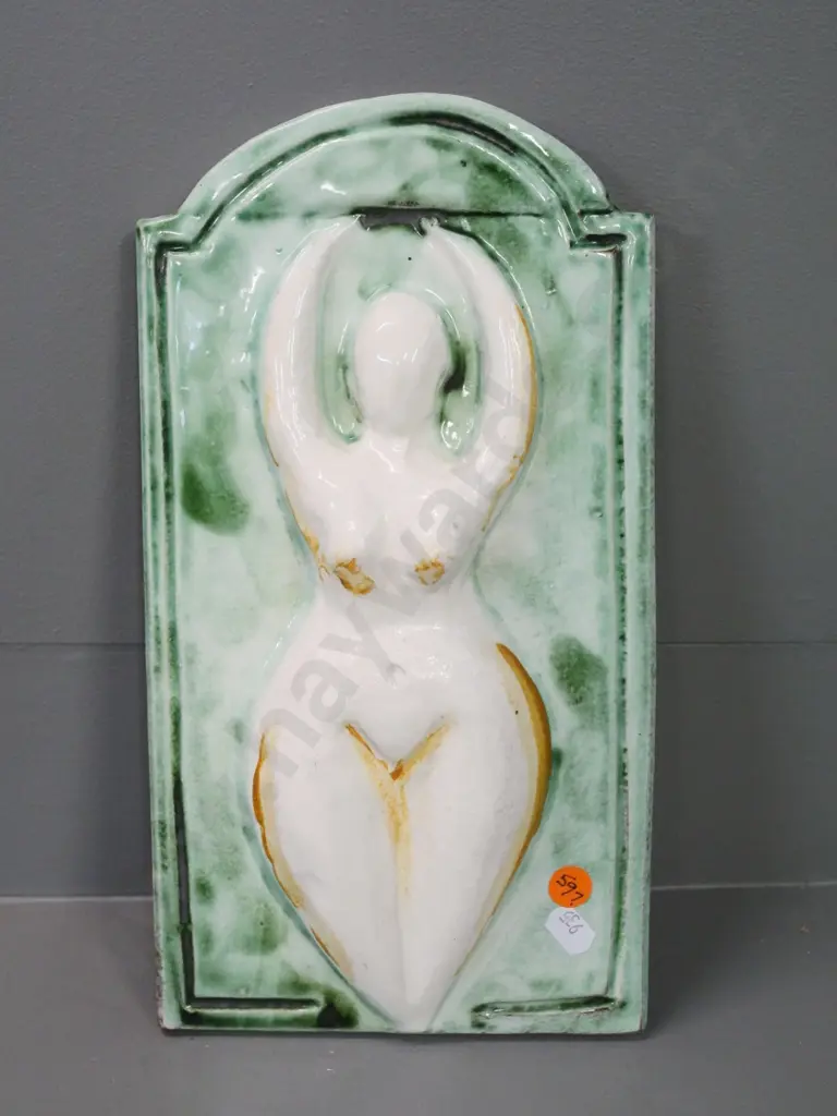 studio pottery nude figure wall plaque - stamped Estuary Arts, Golden Bay H-300 W-160 Image 1++
