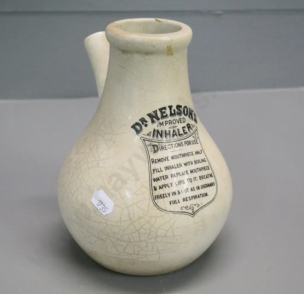 vintage ceramic medical device - Dr. Nelson's Improved Inhaler, extensive crazing, tiny chip to rimH-170 Image 1++
