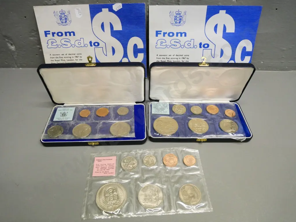 5 New Zealand coin sets: 1968 polished standard, 1969 polished grade w/Cook dollar, and 3 1967 sets Image 1++