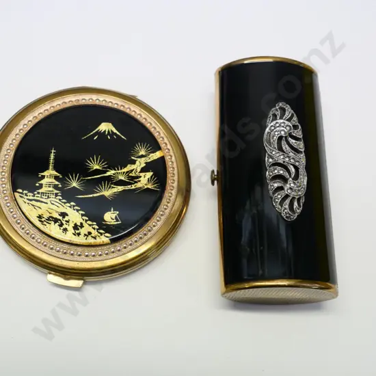 boxed Asian design powder compact & marcasite/black small case