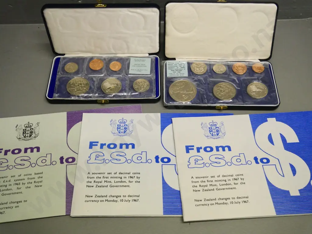5 New Zealand coin sets: 1968 polished standard, 1969 polished grade w/Cook dollar, 1967 and 1965 last Image 1++