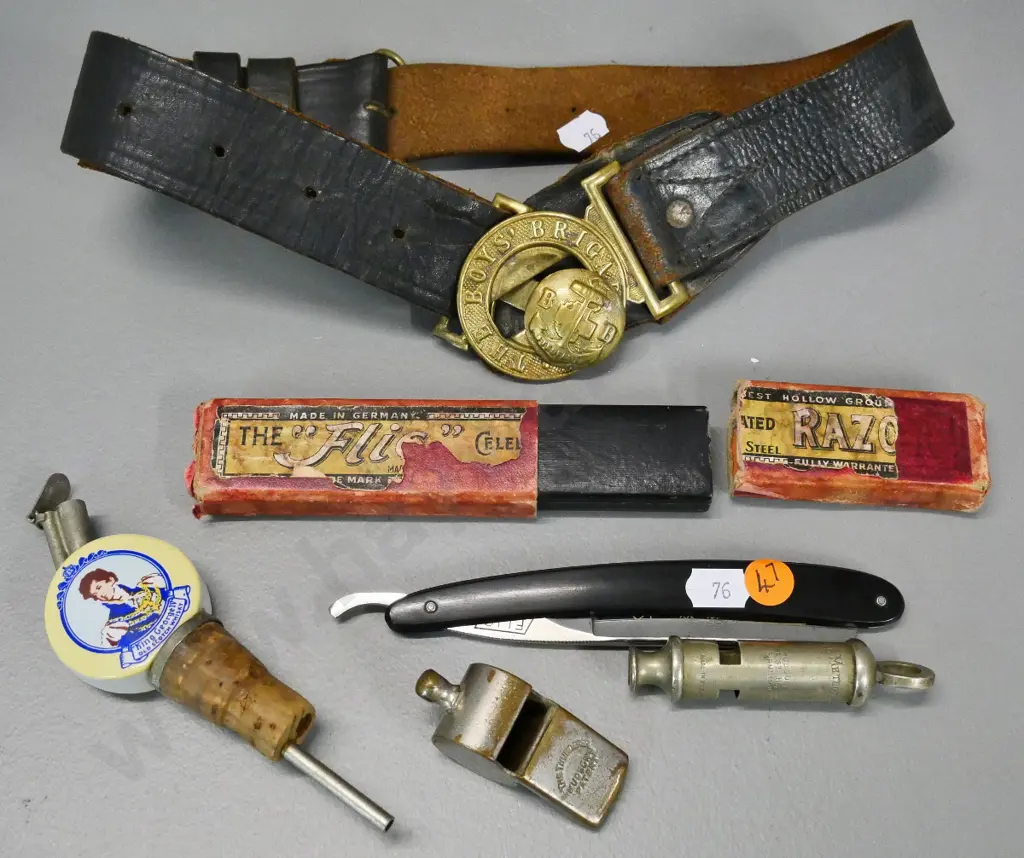2 vintage whistles, whisky pourer, straight razor with box, and a brass Boys Brigade belt buckle on leather belt Image 1++