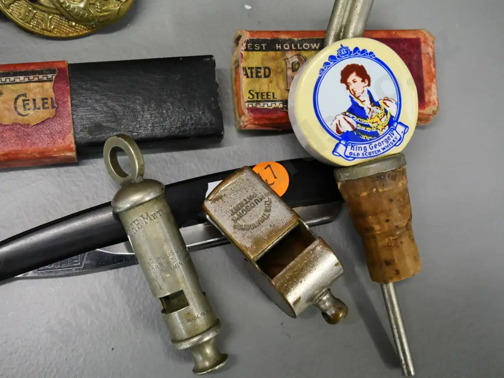 2 vintage whistles, whisky pourer, straight razor with box, and a brass Boys Brigade belt buckle on leather belt Image 1++