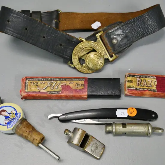 2 vintage whistles, whisky pourer, straight razor with box, and a brass Boys Brigade belt buckle on leather belt