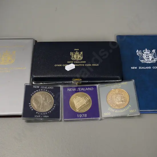 3 New Zealand collector coins: 1969 cased polished grade set, 1978 and 1983 souvenir sets, cased dollars for each year