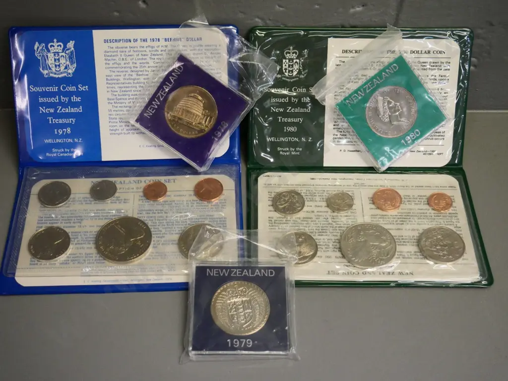 2 New Zealand coin sets - 1978 and 1980, and 3 individual cased dollars 1978, 79, and 80 Image 1++