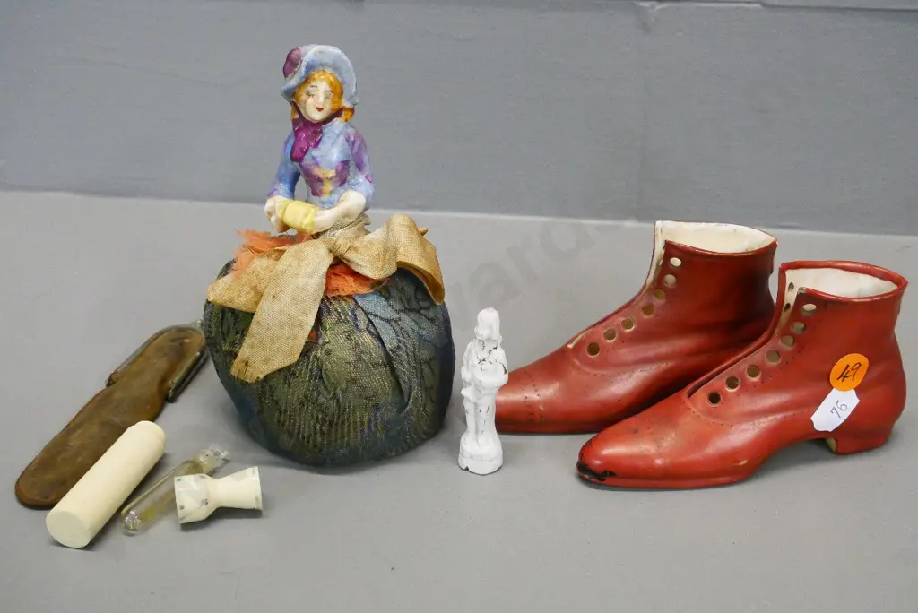 vintage half-doll pin cushion, pair of china boots, tiny china figure, scent bottle in leather purse Image 1++