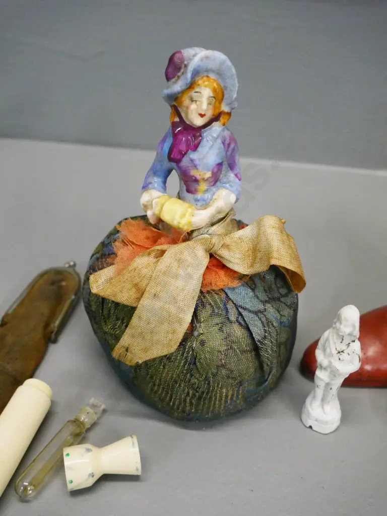 vintage half-doll pin cushion, pair of china boots, tiny china figure, scent bottle in leather purse Image 1++