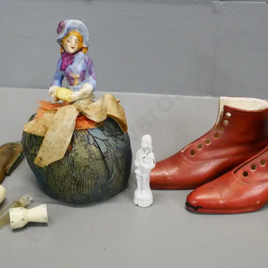 vintage half-doll pin cushion, pair of china boots, tiny china figure, scent bottle in leather purse