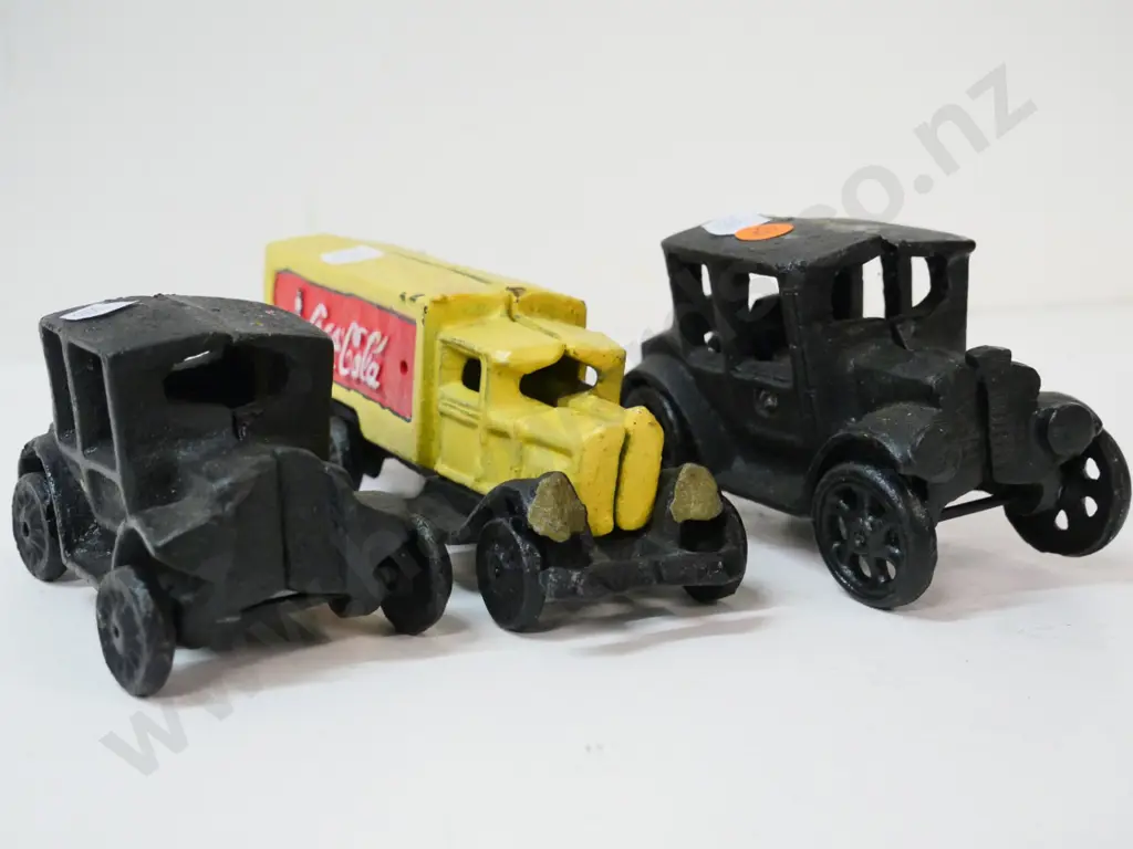 3 cast-iron 2-piece painted model vehicles - cars are H-80, Coca-Cola truck L-190 Image 1++