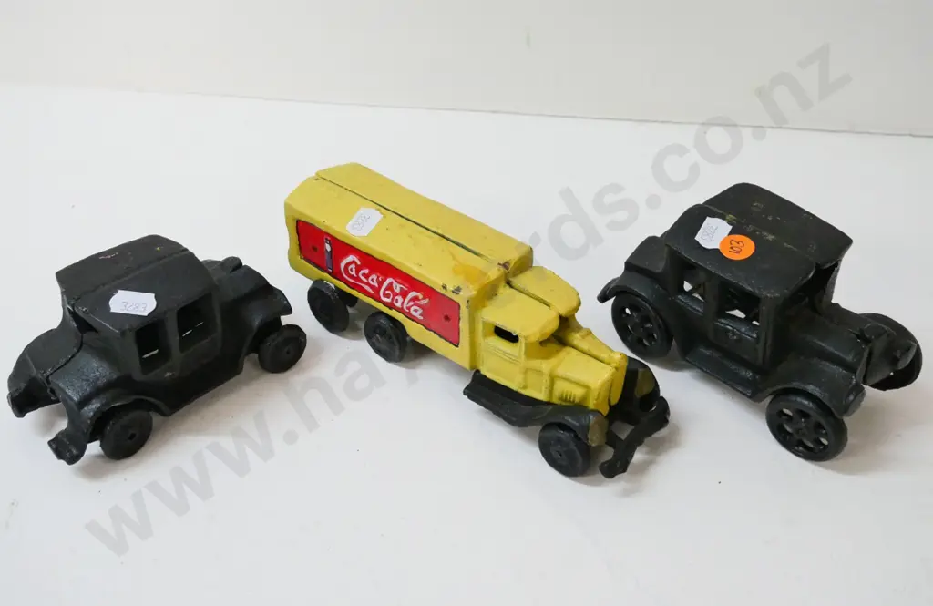 3 cast-iron 2-piece painted model vehicles - cars are H-80, Coca-Cola truck L-190 Image 1++